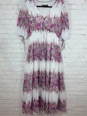 Mystic White Maxi Dress with Pink Floral Border